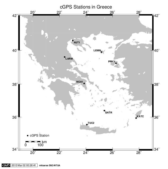 Επεξεργασία Δορυφορικών Γεωδαιτικών Παρατηρήσεων στην Σαντορίνη Illustration 7: Greek region permanent GPS stations used in the processing Εικόνα 7: Μόνιμοι σταθμοί GPS στον ελλαδικό χώρο που