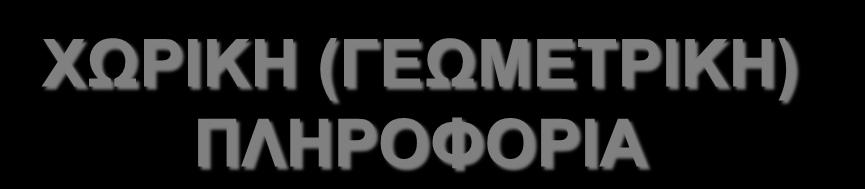 ΧΩΡΙΚΗ (ΓΕΩΜΕΤΡΙΚΗ) ΠΛΗΡΟΦΟΡΙΑ μετρική μέγεθος & σχήμα θέση και διεύθυνση ΓΕΩΜΕΤΡΙΑ τοπολογία σύνδεση γεωμετρ. στοιχείων σύνδεση αντικείμένων σύνδεση γεωμετρ.