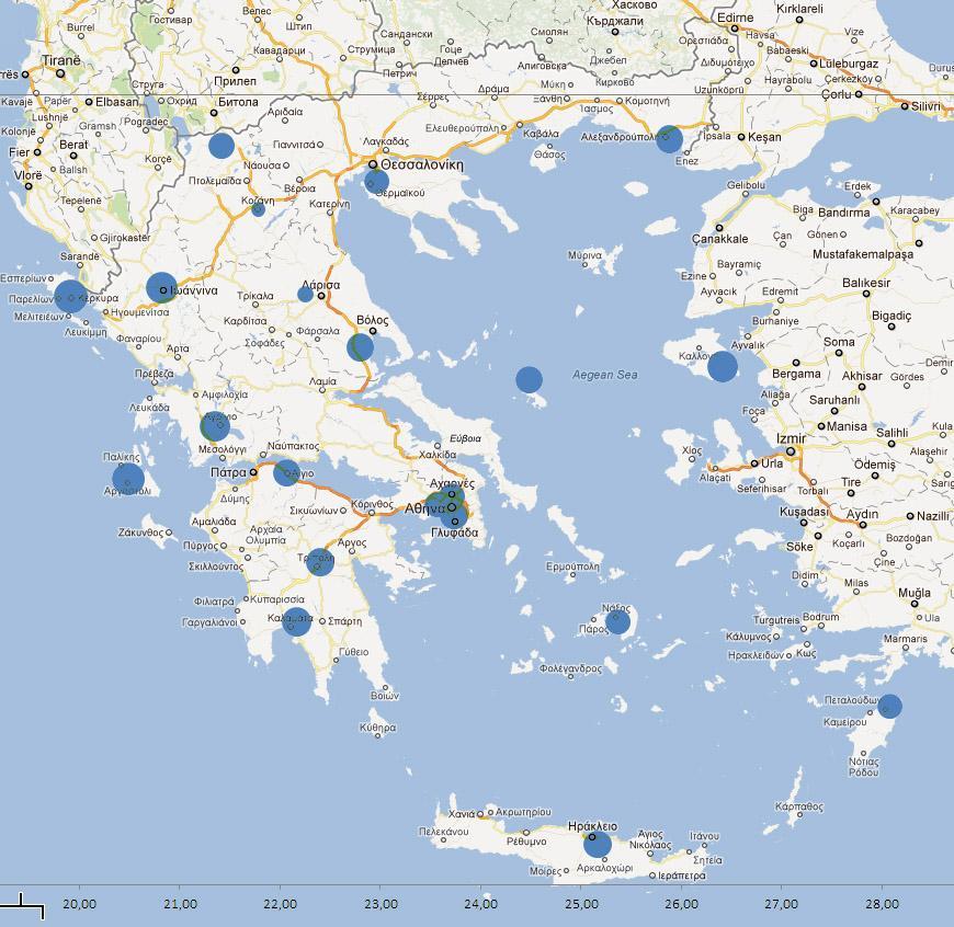 σταθμών, κάτι που δείχνει ότι οι κατανομές ακροτάτων των μέγιστων βροχοπτώσεων έχουν βαριές ουρές.