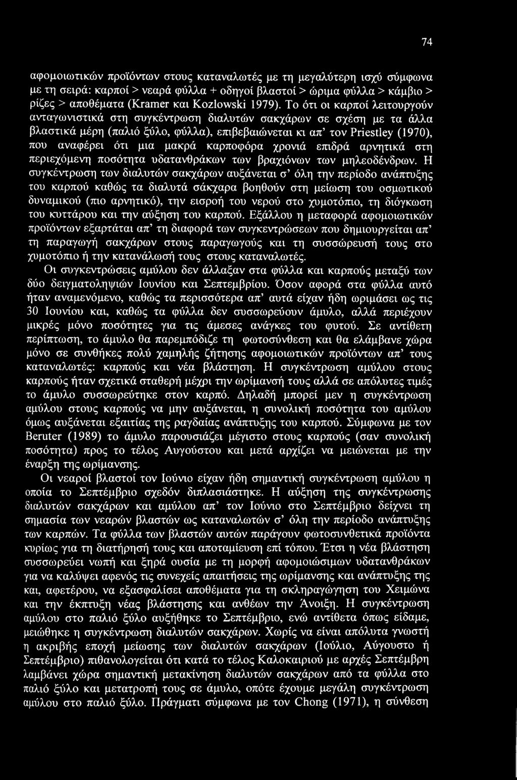 74 αφομοιωτικών προϊόντων στους καταναλωτές με τη μεγαλύτερη ισχύ σύμφωνα με τη σειρά: καρποί > νεαρά φύλλα + οδηγοί βλαστοί > ώριμα φύλλα > κάμβιο > ρίζες > αποθέματα (Kramer και Kozlowski 1979).