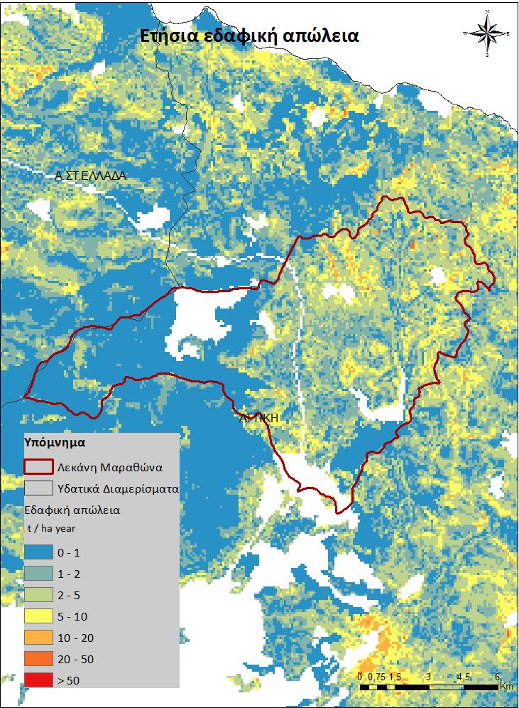 Εικόνα 6.16: Η ετήσια εδαφική απώλεια στη λεκάνη απορροής του Μαραθώνα. Η μέση τιμή της ετήσιας εδαφικής διάβρωσης στη λεκάνη του Μαραθώνα υπολογίζεται σε 2,19 t/ha.