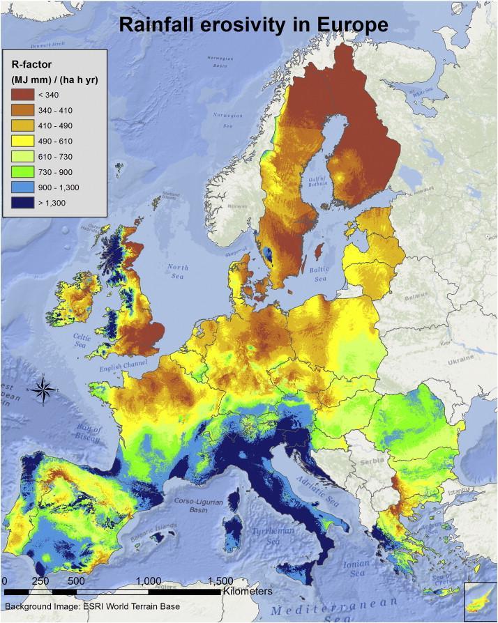Εικόνα 4.5: Χάρτης (1 km μέγεθος κελιού κανάβου) της διαβρωτικότητας της βροχόπτωσης στην Ευρώπη (Panagos et al., 2015).