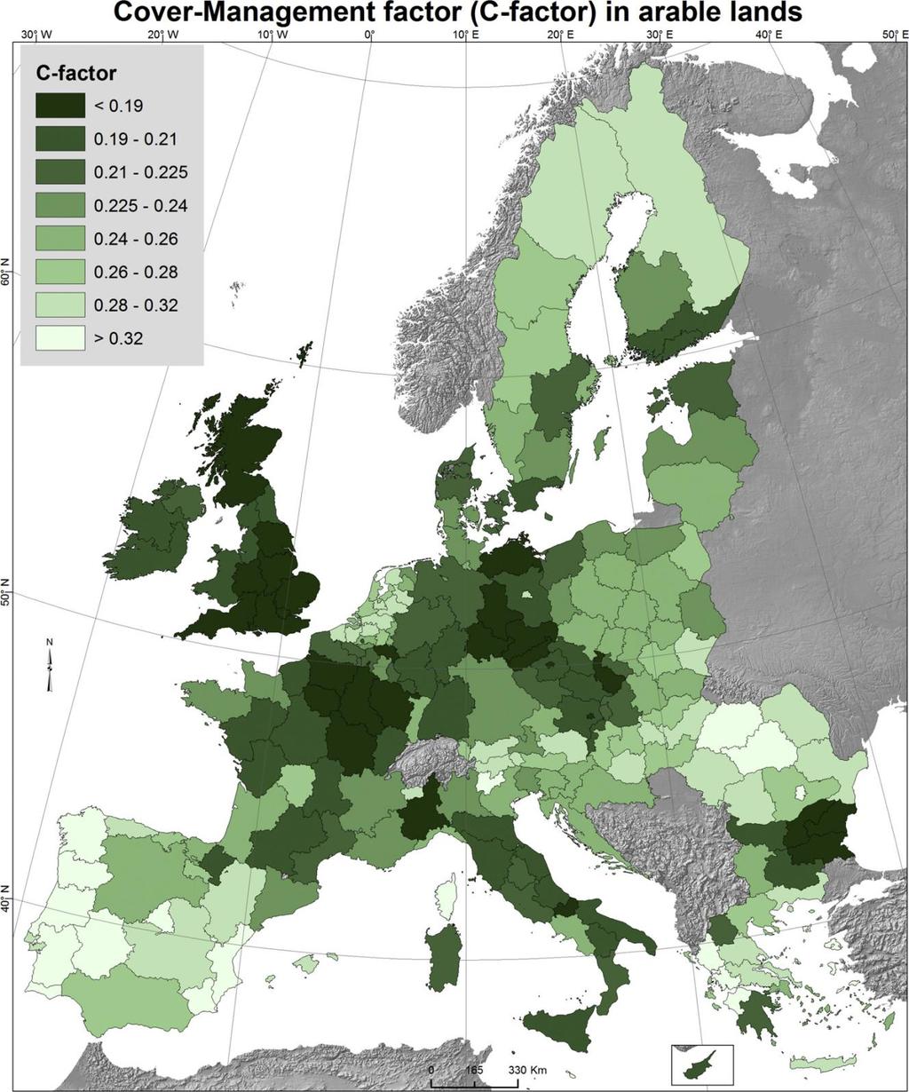 Εικόνα 4.10: O συντελεστής διαχείρισης-κάλυψης γης στις καλλιεργήσιμες εκτάσεις της Ευρωπαϊκής Ένωσης (Panagos et al., 2015b).