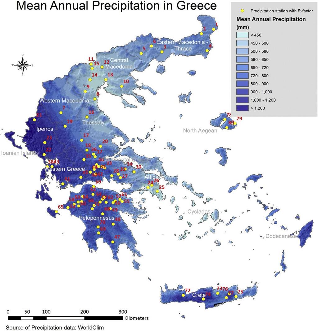 Τα στατιστικά από το WorldClim αναφέρουν 698 mm την μέση ετήσια βροχόπτωση, 189 mm την τυπική απόκλιση, και 380-1.406 mm το εύρος των ετήσιων τιμών βροχόπτωσης στην Ελλάδα (Εικόνα 5.3).