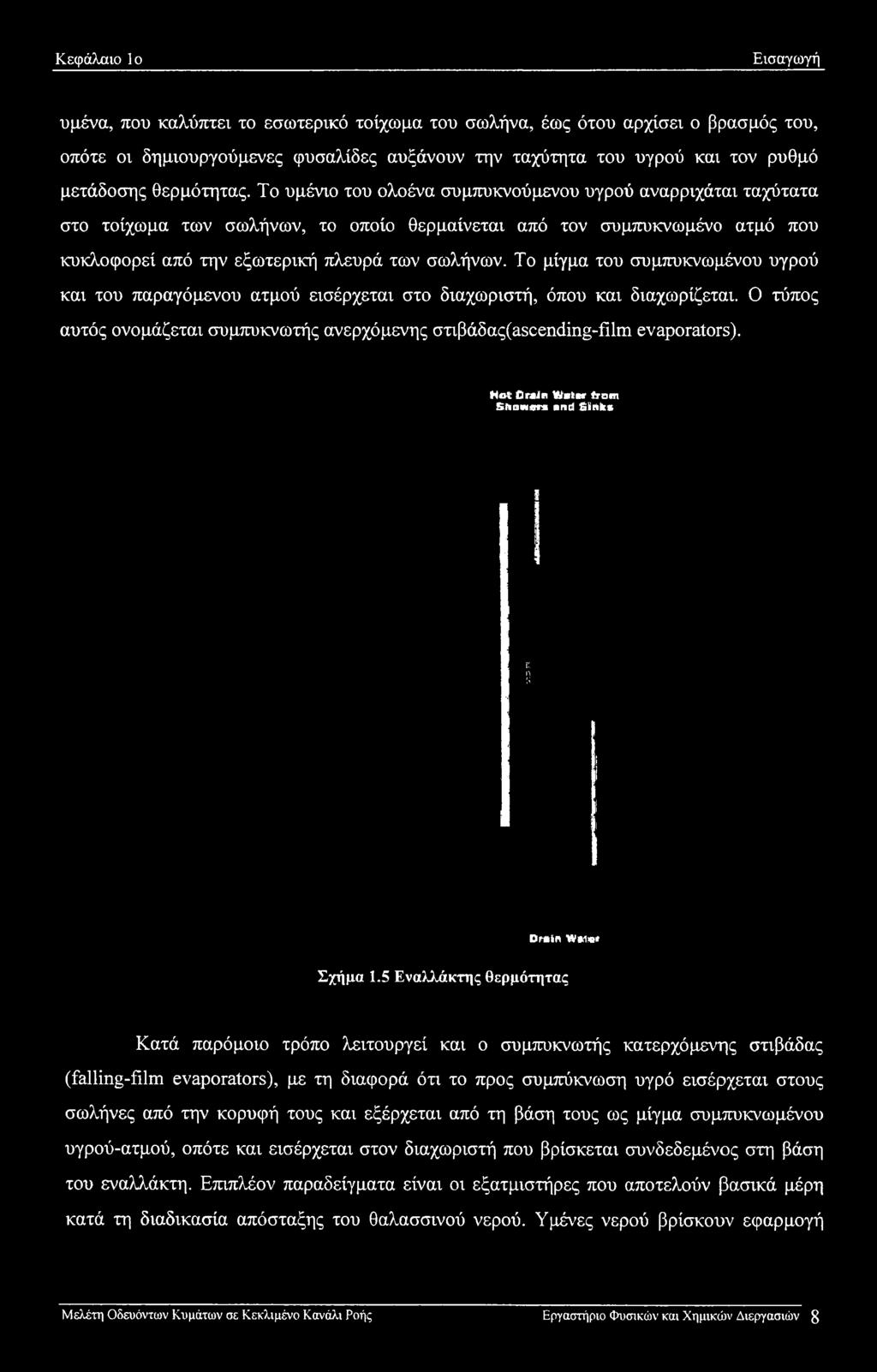 5 Εναλλάκτης θερμότητας Κατά παρόμοιο τρόπο λειτουργεί και ο συμπυκνωτής κατερχόμενης στιβάδας (falling-film evaporators), με τη διαφορά ότι το προς συμπύκνωση υγρό εισέρχεται στους σωλήνες από την