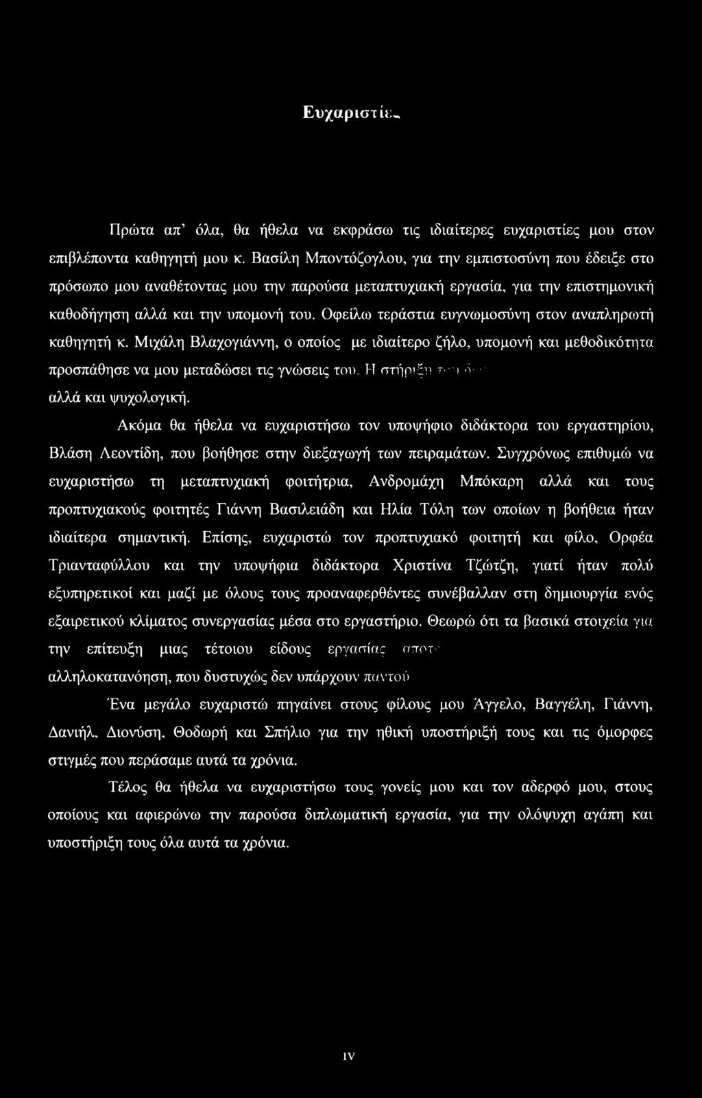 Οφείλω τεράστια ευγνωμοσύνη στον αναπληριοτή καθηγητή κ. Μιχάλη Βλαχογιάννη, ο οποίος με ιδιαίτερο ζήλο, υπομονή και μεθοδικότητα προσπάθησε να μου μεταδώσει τις γνώσεις του.