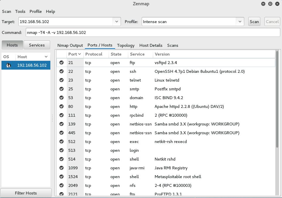 Εικόνα 3-7: Zenmap - Ports Στη καρτέλα Topology παρουσιάζεται μια χαρτογράφηση του δικτυού και παρατηρείται ότι ο μονός κόμβος που περιέχεται στο δίκτυο πέραν του