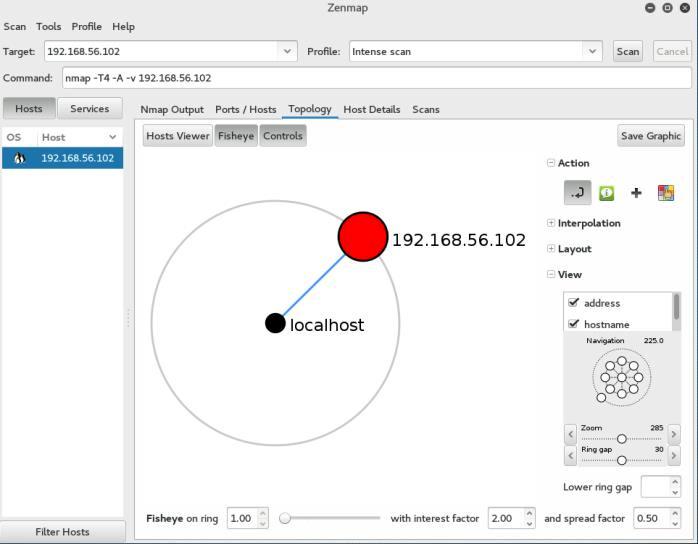 Εικόνα 3-8: Zenmap - Topology Τέλος, στη καρτέλα Host Details παρατηρούνται πληροφορίες του συστήματος στόχου που έχουν να κάνουν με τις ανοιχτές πόρτες, την τρέχουσα
