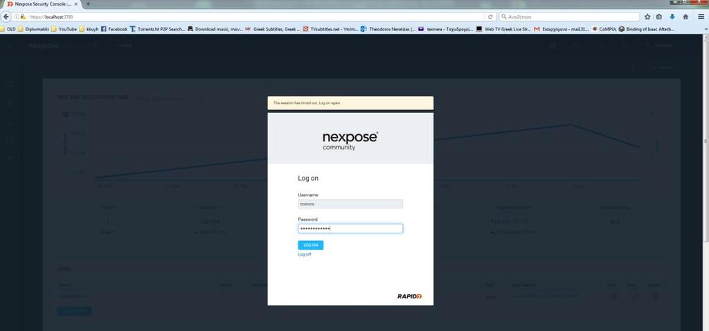 Εικόνα 3-22: Nexpose - Login Έχοντας συνδεθεί στο Nexpose, επιλέγεται από το tab Create το πεδίο Site για να οριστούν τα στοιχεία σάρωσης του
