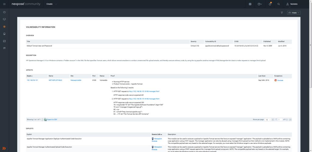 Εικόνα 3-27: Nexpose - Vulnerability Information Το Nexpose μέσα από το tab Reports, προσφέρει επίσης την δυνατότητα δημιουργίας αυτόματων αναφορών με όλες τις