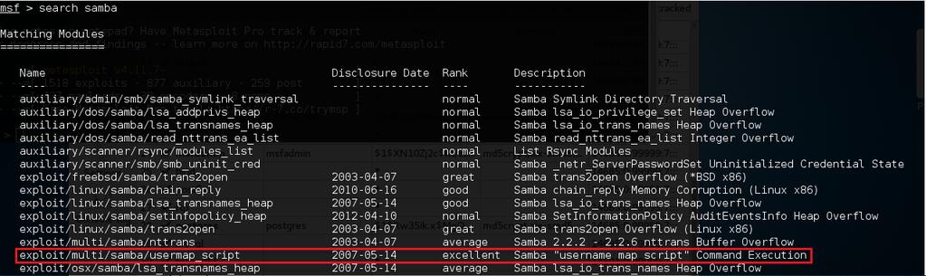 Εικόνα 3-32: Samba ευπάθεια/exploit στο Nessus Επιστρέφοντας στο Metasploit console, με την εντολή search samba πραγματοποιείται αναζήτηση όλων των exploits για την συγκεκριμένη ευπάθεια.