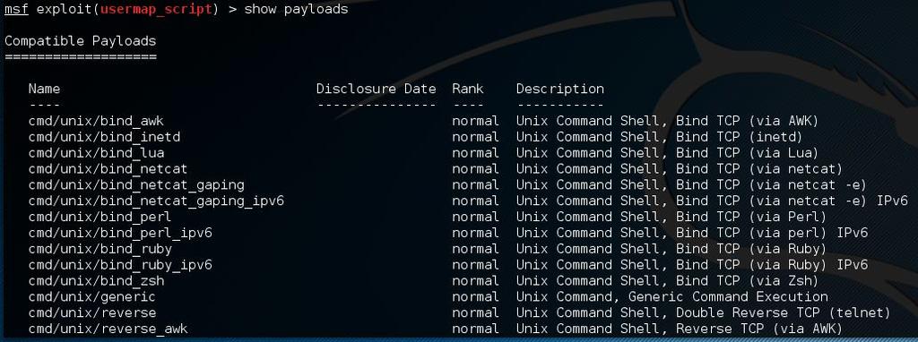 Εικόνα 3-34: Metasploit - Payload list Για την απόκτηση ενός reverse shell ορίστηκε το ανάλογο payload με την εντολή set payload cmd/unix/reverse Έχοντας επιλέξει exploit και payload, μένει να