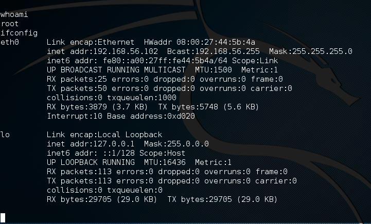 Ενδεικτικά εκτελεστήκαν οι εντολές whoami, ifconfig και ls που επιβεβαίωσαν αντίστοιχα την ταυτότητα του χρηστή ως root, την IP