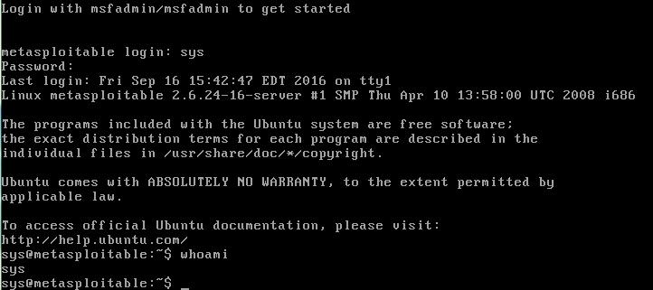 Εικόνα 3-41: Metasploitable 2 - Login ως sys 3.9 
