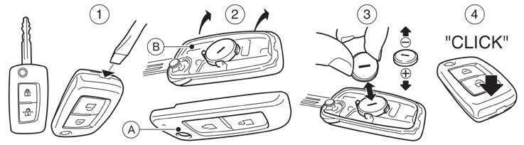 Αντικατάσταση Τύπος Α: Για να αντικαταστήσετε την μπαταρία: 1. Βγάλτε την βίδα (Α). 2. Βάλτε ένα μικρό κατσαβίδι στην εγκοπή στην γωνία (Β) και στρίψτε το για να χωρίσει το πάνω από το κάτω μέρος.