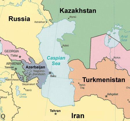 Περιβάλλεται νότια από το Ιράν, νοτιοδυτικά από το Αζερμπαϊτζάν, βορειοδυτικά από τη Ρωσία, βορειοανατολικά από το Καζακστάν και νοτιοανατολικά από το Τουρκμενιστάν.