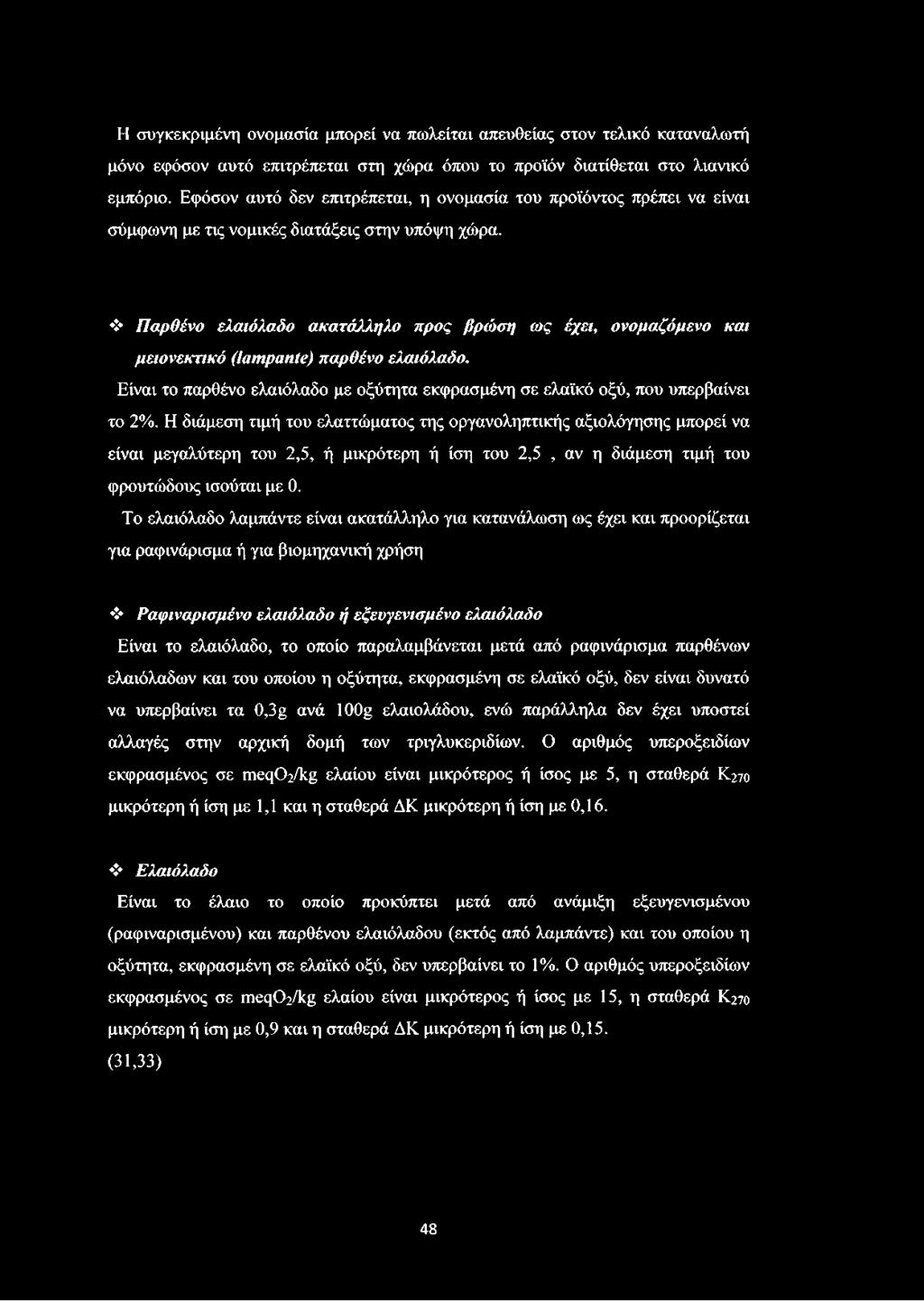 Παρθένο ελαιόλαδο ακατάλληλο προς βρώση ως έχει, ονομαζόμενο και μειονεκτικό (lampante) παρθένο ελαιόλαδο. Είναι το παρθένο ελαιόλαδο με οξύτητα εκφρασμένη σε ελαϊκό οξύ, που υπερβαίνει το 2%.