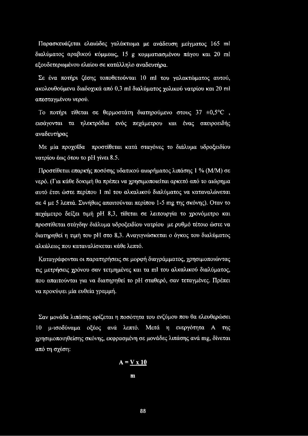 Το ποτήρι τίθεται σε θερμοστάτη διατηρούμενο στους 37 ±0,5 0, εισάγονται τα ηλεκτρόδια ενός πεχάμετρου και ένας σπειροειδής αναδευτήρας Με μία προχοί'δα προστίθεται κατά σταγόνες το διάλυμα