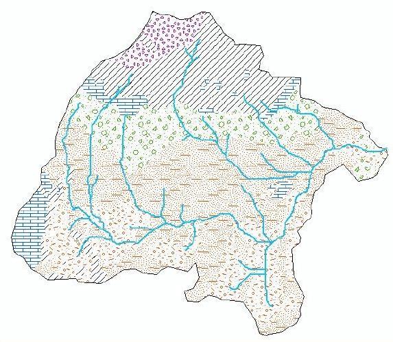 Όπως παρατηρείται, το βόρειο τμήμα της λεκάνης δομείται από σχιστολιθικούς σχηματισμούς (αδιαπέρατοι), γνεύσιους (διαπερατοί) και σε ορισμένα μικρά τμήματα από μάρμαρα (διαπερατοί σχηματισμοί) και το