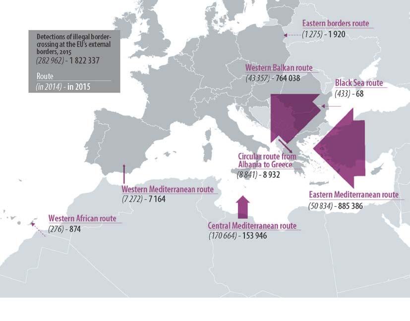 Γράφημα 3 - Εντοπισθείσες περιπτώσεις παράνομης διέλευσης των εξωτερικών συνόρων της ΕΕ, 2015 (2014) 1 14 Εντοπισθείσες περιπτώσεις παράνομης διέλευσης των εξωτερικών συνόρων της ΕΕ το 2015: 1 822