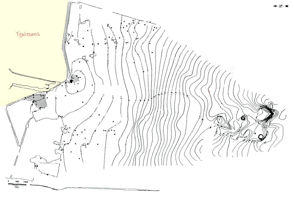 Χάρτης στάθμης δυναμικού: υδροφορέας Β Σχόλιο: στο μέσον του πεδίου ροής επικρατεί φυσική ροή, ενώ η κατανομή του δυναμικού στα νότια υποδεικνύει σημειακές αντλήσεις.