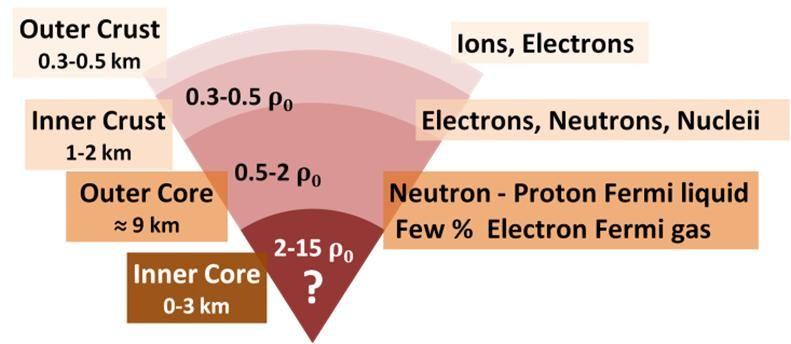ΕΣΩΤΕΡΙΚΗ ΔΟΜΗ ΑΣΤΕΡΩΝ ΝΕΤΡΟΝΙΩΝ Εικόνα 3: Δομή Αστέρα Νετρονίων [3]. Στην επιφάνεια η πίεση είναι ουσιαστικά μηδενική, όπως και η πυκνότητα (για την ακρίβεια η πυκνότητα είναι αυτή του σιδήρου).