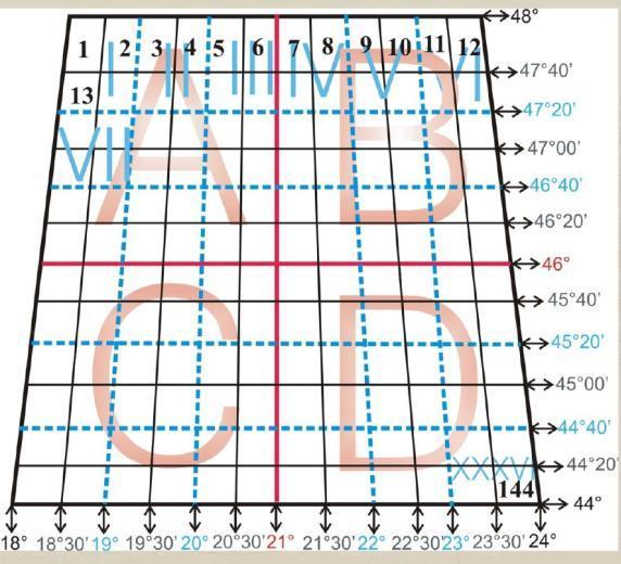 Pentru harta 1:100.000 s-a împărţit trapezul 1:1.000.000 în 144 părţi, deci fiecare latură a trapezului în 1 părţi. S-au obţinut astfel foile la 1:100.