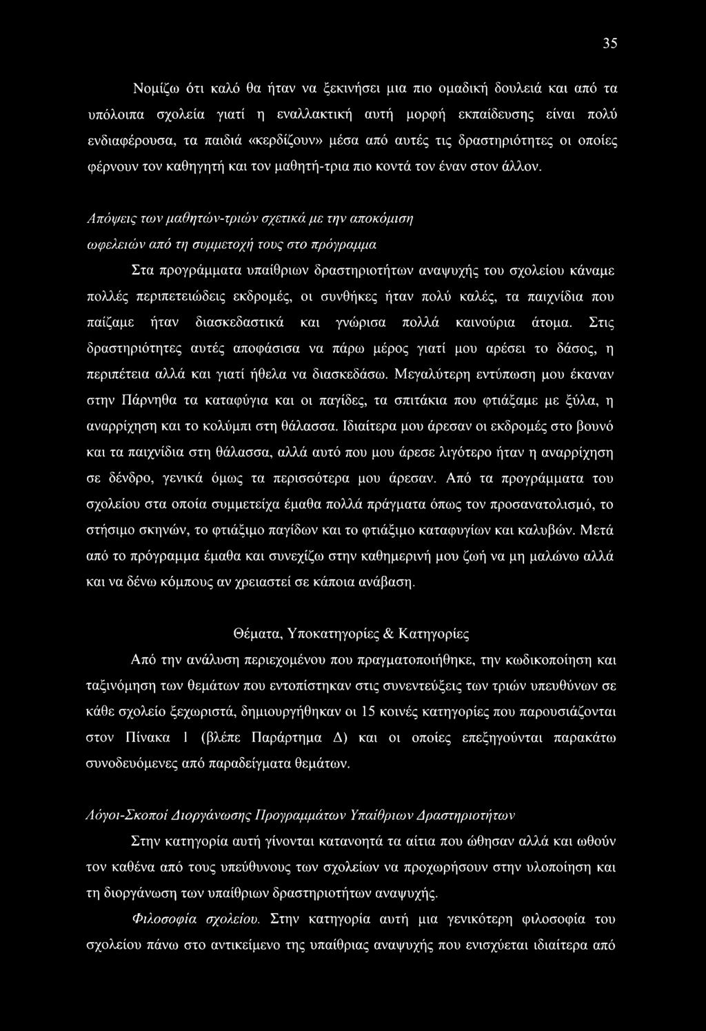 Απόψεις των μαθητών-τριών σχετικά με την αποκόμιση ωφελειών από τη συμμετοχή τους στο πρόγραμμα Στα προγράμματα υπαίθριων δραστηριοτήτων αναψυχής του σχολείου κάναμε πολλές περιπετειώδεις εκδρομές,