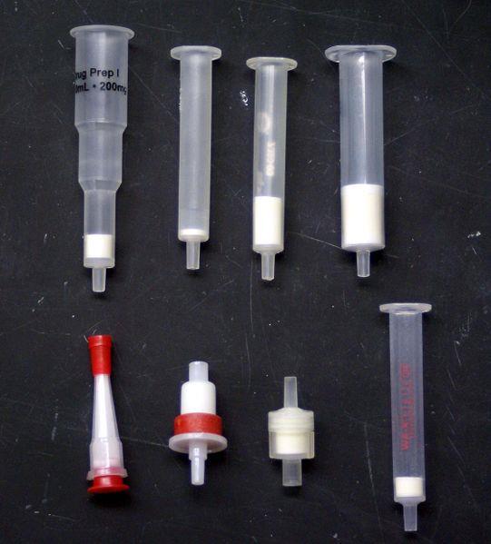 Εκχύλιση στερεάς φάσεως-υγρού (solid phase extraction, SPE) Αρχή: Διαφορετική κατανομή κάθε συστατικού του δείγματος μεταξύ ενός υγρού (διαλύτη) και ενός