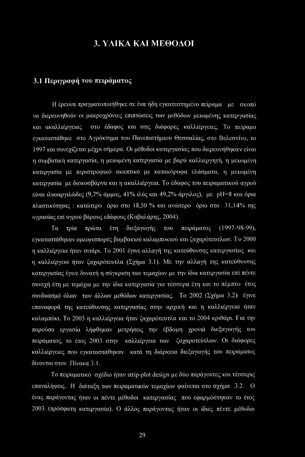 έδαφος και στις διάφορες καλλιέργειες. Το πείραμα εγκαταστάθηκε στο Αγρόκτημα του Πανεπιστήμιου Θεσσαλίας, στο Βελεστίνο, το 1997 και συνεχίζεται μέχρι σήμερα.