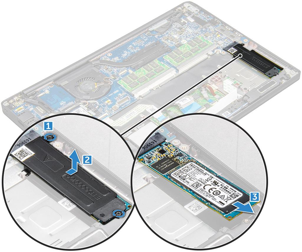 3 Για να αφαιρέσετε την PCIe SSD: a Χαλαρώστε τις μη αποσπώμενες βίδες M2,0x3,0 που συγκρατούν το υποστήριγμα της SSD [1]. b Αφαιρέστε το υποστήριγμα της SSD [2].