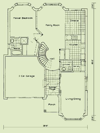 Στο ισόγειο περιλαμβάνονται (από τα αριστερά προς τα δεξιά και από πάνω προς τα κάτω) η κύρια κρεβατοκάμαρα (στην οποία υπάρχει ξεχωριστό μπάνιο), το οικογενειακό δωμάτιο, η κουζίνα με την τραπεζαρία