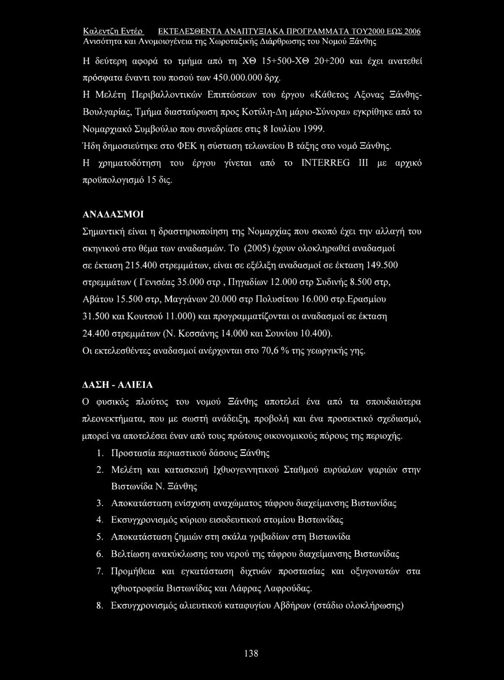 1999. Ήδη δημοσιεύτηκε στο ΦΕΚ η σύσταση τελωνείου Β τάξης στο νομό Ξάνθης. Η χρηματοδότηση του έργου γίνεται από το INTERREG III με αρχικό προϋπολογισμό 15 δις.