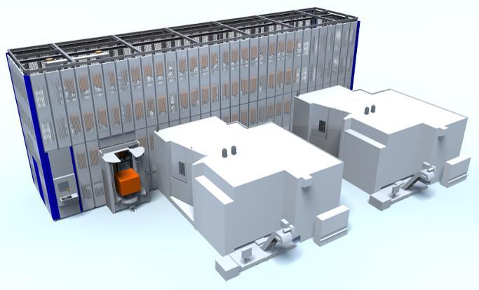 Horizontaliomis frezavimo staklėmis apdirbamų gaminių pavyzdžiai skirtingose pramonės šakose. 30 pav. Automatizuota palečių saugykla su dvierm integruotom horizontalaus frezavimo staklėmis.