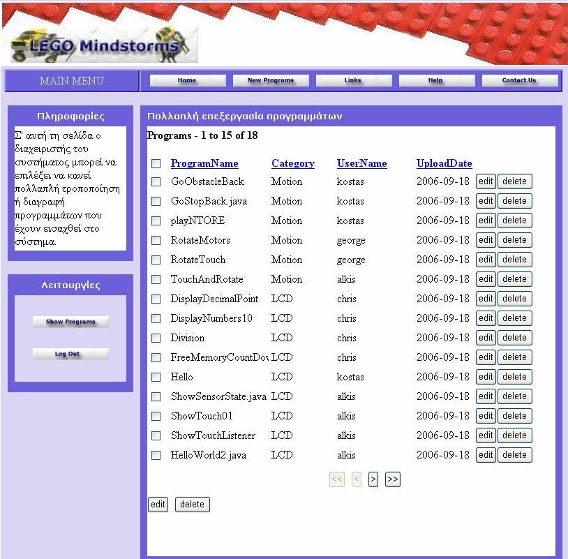Αυτή η σελίδα παρέχει τις εξής δυνατότητες στον διαχειριστή: Επιλέγοντας κάποιον από τους συνδέσµους «ProgramName», «Category», «UserName», «UploadDate», η σελίδα ταξινοµεί τα προγράµµατα ως προς