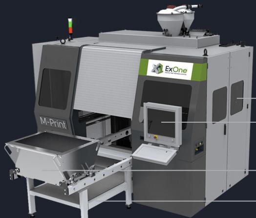 Η εταιρία ExOne διαθέτει 3D εκτυπωτές στους οποίους χρησιμοποιούνται ως πρώτη ύλη σκόνη μετάλλων ή άμμο και ως συγκολλητική ουσία ισχυρό πολυμερές υλικό με πιο σύγχρονους τον M-Print (ο μεγαλύτερος