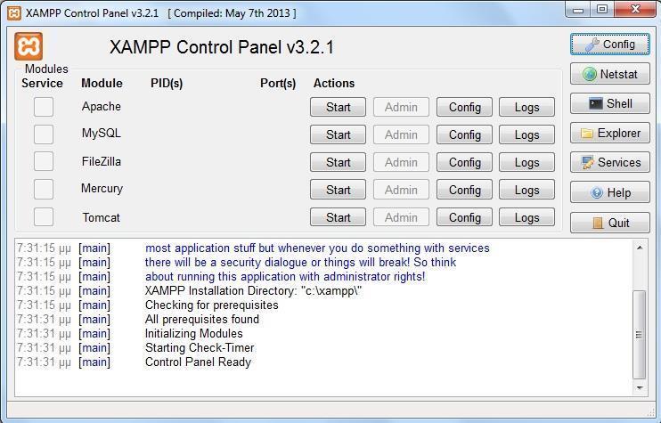 Εικόνα 4ι Ολοκλήρωση Εγκατάστασης Εμφανίζεται το Control Panel του XAMPP.