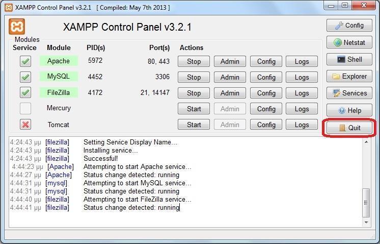 Εικόνα 4ιε XAMPP Control Panel Ανοίγουμε τον browser