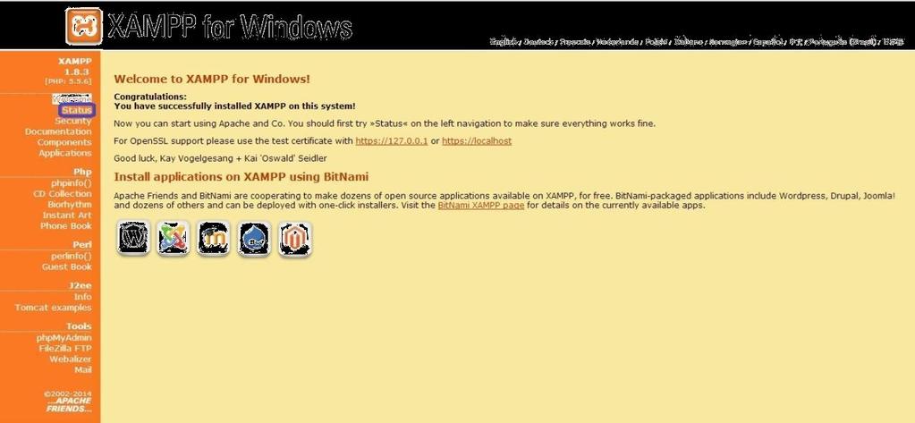 Εικόνα 4ιστ Welcome XAMPP Εδώ παρατηρούμε σε τι κατάσταση βρίσκονται τα στοιχεία του XAMPP.