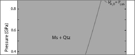 4. Αντιδράσεις έκλυσης πτητικών συστατικών Για παράδειγμα η θέση σε ένα διάγραμμα φάσεων P-T της αφυδατωτικής αντίδρασης: KAl 2 Si 3 AlO 10 (OH) 2 + SiO 2 = KAlSi 3 O 8 + Al 2 SiO 5 + H 2 O Ms Qtz