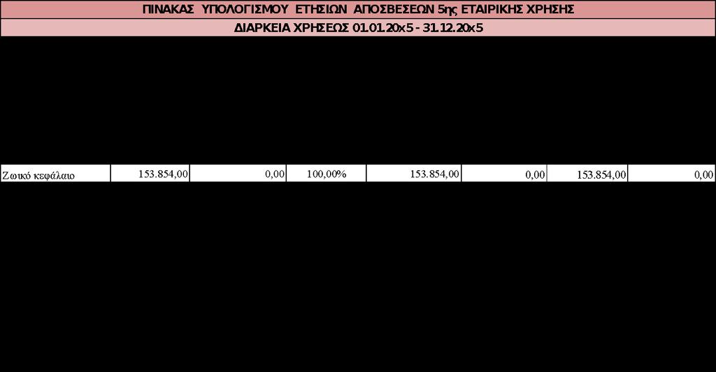 Πίνακας 72: Μητρώο παγίων χρήσης 20x5 (Δυσμενές σενάριο)