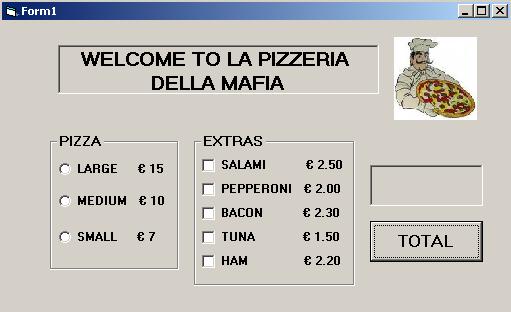 ΠΡΟΒΛΗΜΑ 3 Η (καθ όλα νομότυπη) LA PIZZERIA DELLA MAFIA, εγκαινιάζει στην νέα της ιστοσελίδα, την πιο κάτω φόρμα έργου στη Visual Basic: lbltotal cmdcalculate oplarge opmedium opsmall chsalami
