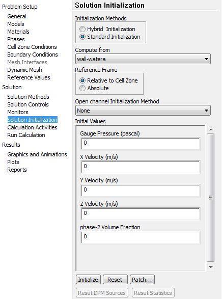 3.2.3 FLUENT Setup Για το στάδιο αρχικοποίησης των δεδομένων του προβλήματος επιλέγεται η καρτέλα «Solution Initialization Initialize» και δημιουργείται η δυνατότητα επιλογής «Patch».