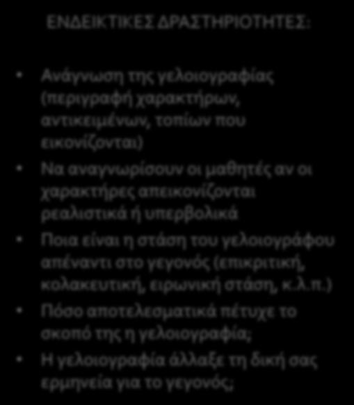 Ο Π Τ Ι Κ Ε Σ Π Η Γ Ε Σ ΓΕΛΟΙΟΓΡΑΦΙΕΣ Παρέχουν στοιχεία για το τι σκέφτονταν οι άνθρωποι μια συγκεκριμένη περίοδο Συνοψίζουν ένα ζήτημα τόσο αποτελεσματικά όσο ένα κείμενο Συχνά έχουν το στοιχείο της