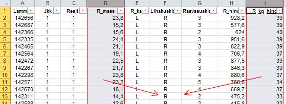 Esmalt sorteerige/filtreerige algandmed vastavalt rümpade üldkategooriale ja