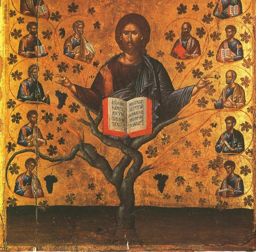 Η άμπελος Ο Χριστός παριστάνεται μετωπικός, με απλωμένα τα χέρια του τα οποία διασταυρώνονται με τα μεγάλα κλαδιά από τον κορμό της αμπέλου.