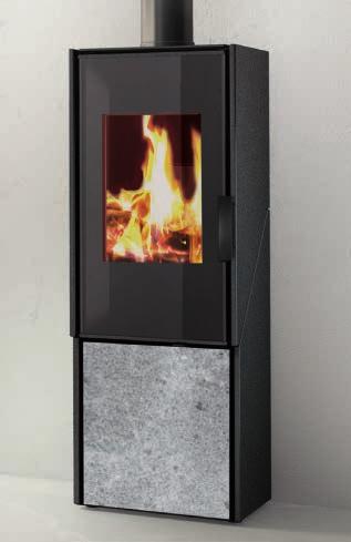 lenha em pedra natural - câmara de combustão em scamolex - porta de fecho automático com amortecedor - ar quete por convecção natural - manípulo de regulação do ar de combustão _επένδυση από ατσάλι ή