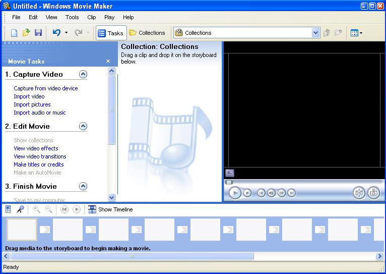 Windows Movie Maker 2 (MM2) Στο πιο κάτω σχήμα φαίνεται η κύρια οθόνη του Windows Movie Maker 2 (MM2), η οποία αποτελείται από 7 κύρια σημεία: menu bar,