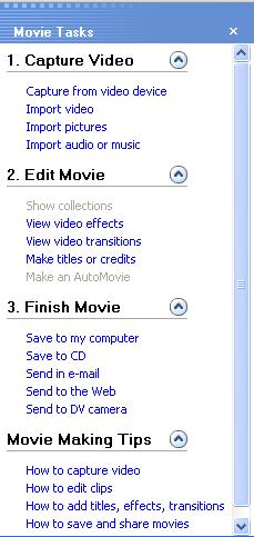 Movie tasks Ο χώρος Movie Tasks προσφέρει δυνατότητες όπως: 1. Εισαγωγή video από συγκεκριμένη συσκευή, εισαγωγή έτοιμου video ή φωτογραφίας και εισαγωγή ήχου ή μουσικής. 2.